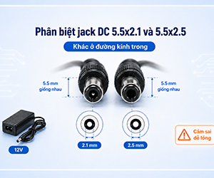 Jack DC 5.5x2.1 và 5.5x2.5 khác nhau thế nào?
