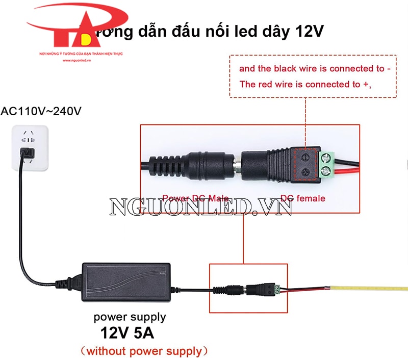 Hướng dẫn đấu nối led dây 12V qua adapter