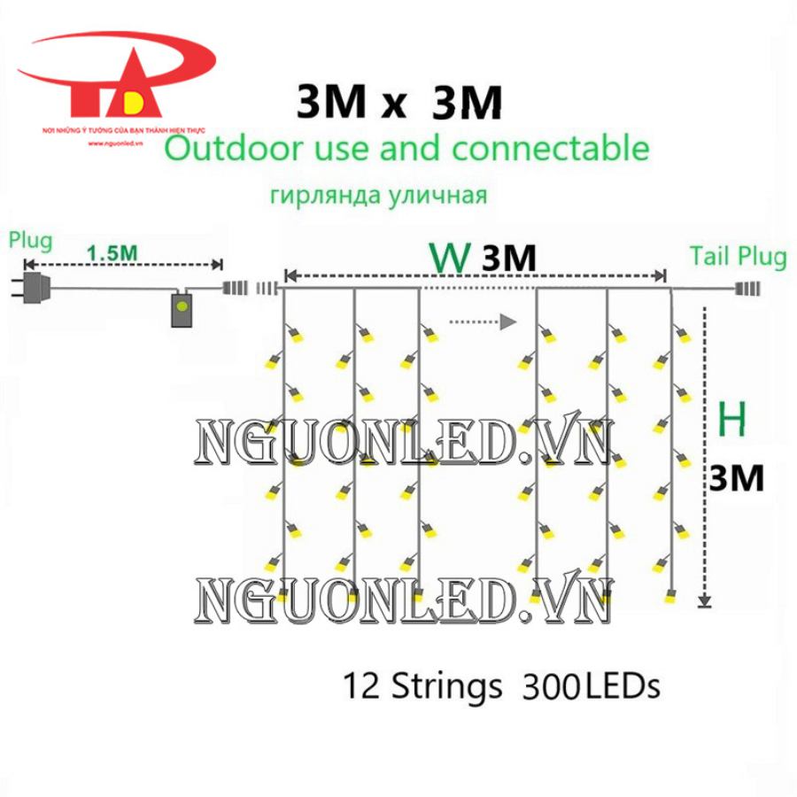 kích thước đèn led rèm trang trí