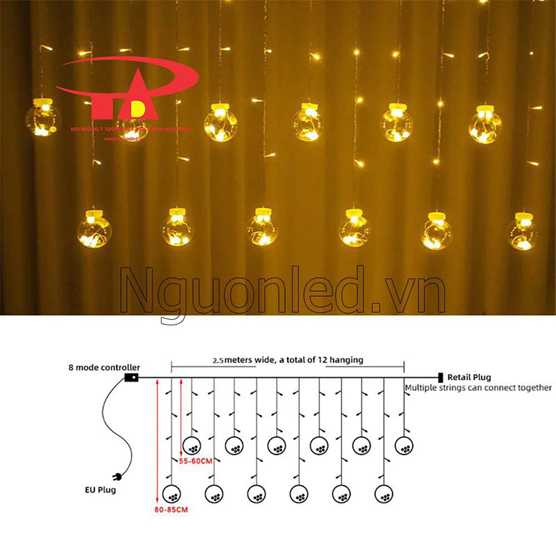 Đèn rèm led bóng tròn lớn màu vàng