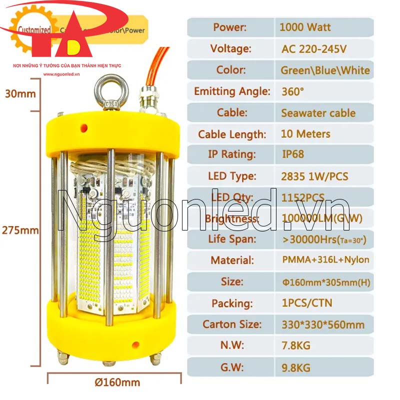 Thông số kỹ thuật đèn thu hút cá 1000w