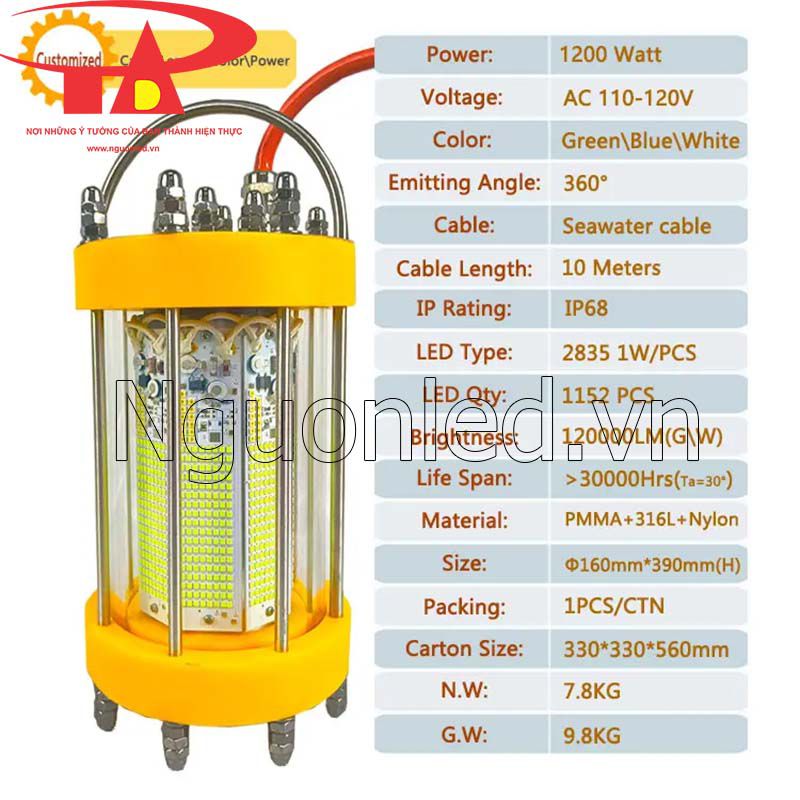 Thông số kỹ thuật đèn thu hút cá 1200w