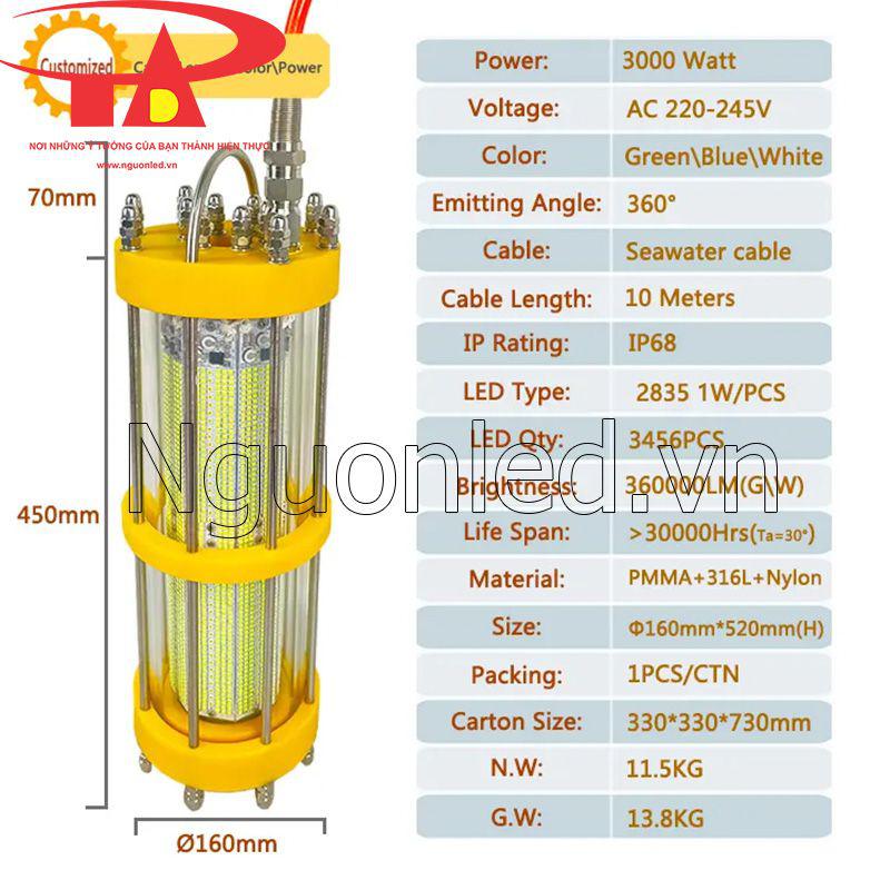 Thông số kỹ thuật đèn thu hút cá 3000w