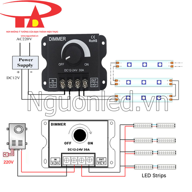 Cách đấu dimmer cho led dây 12v