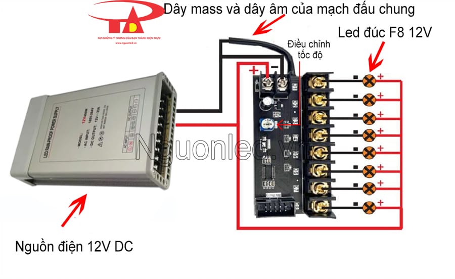 Cách đấu nối mạch led vẫy cho led đúc F8 12V