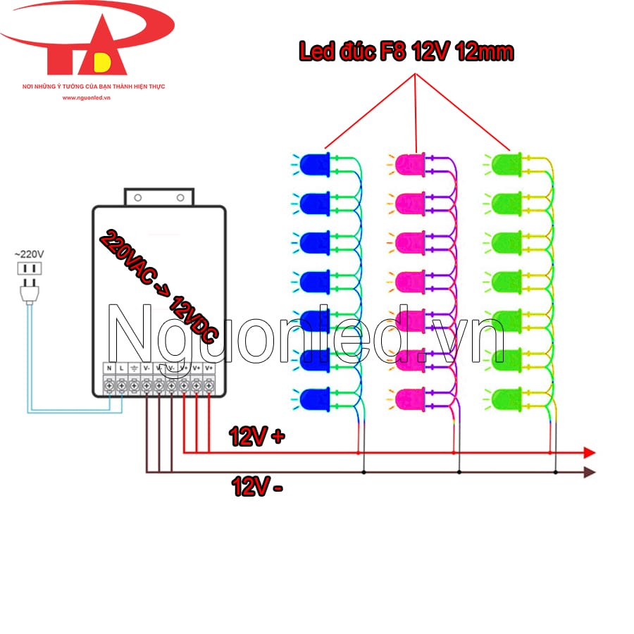 Hướng dẫn đấu nối led đúc F8 12V