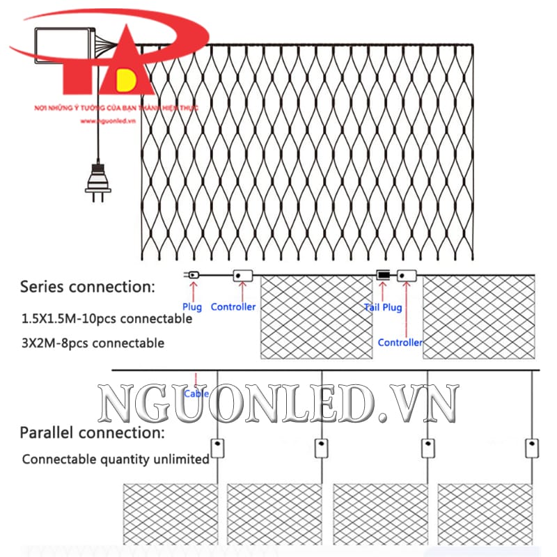 Cách nối tiếp led lưới dạng rèm màu tím