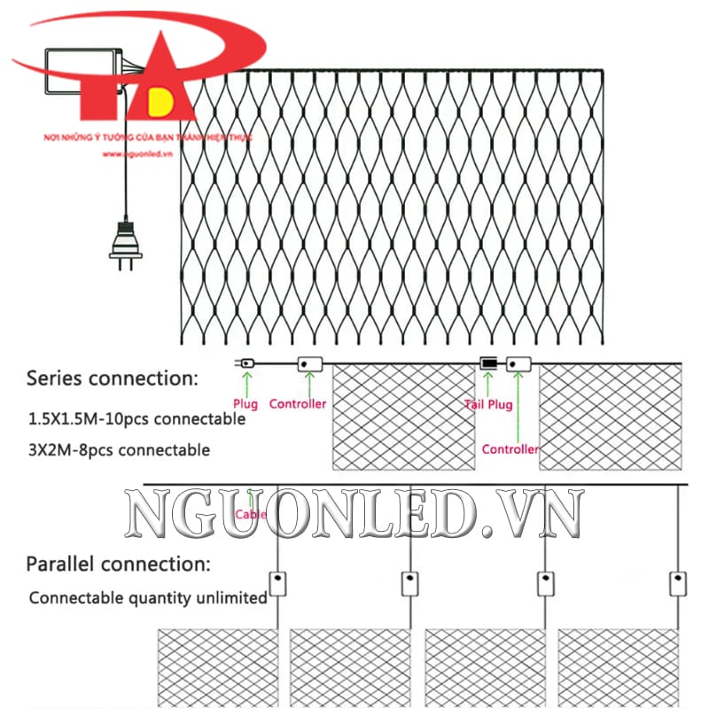 Cách nối led lưới dạng rèm 2x2m màu xanh lá