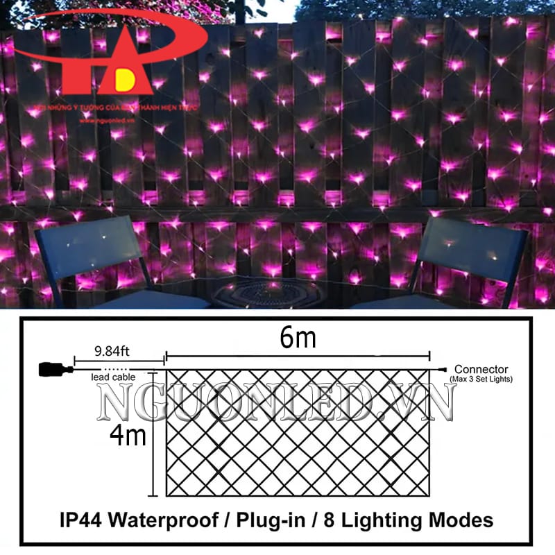 Thông số kích thước led rèm lưới 6x4m màu hồng