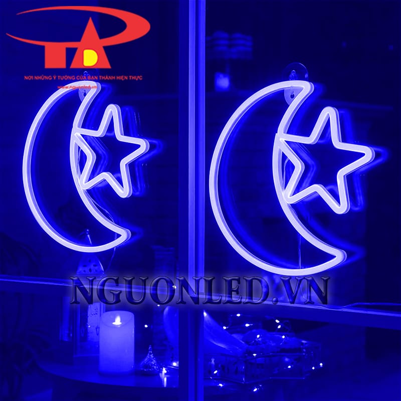 Ứng dụng led neon trăng sao xanh dương treo cửa sổ