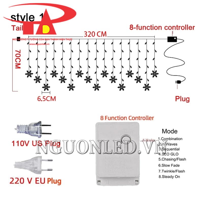 Kích thước led bông tuyết 4m màu vàng