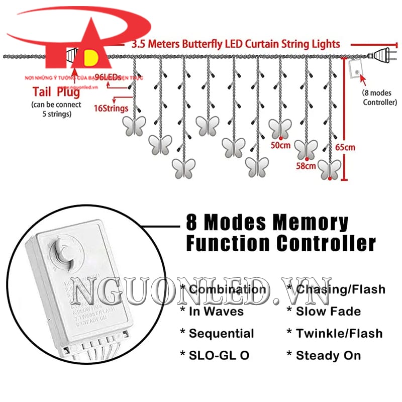 Cách đổi chế độ led rèm cánh bướm 3,5m đủ màu
