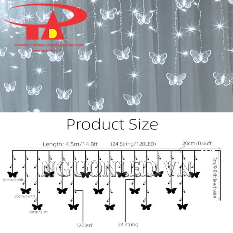 Chi tiết kích thước led rèm hình bướm 3,5m màu trắng