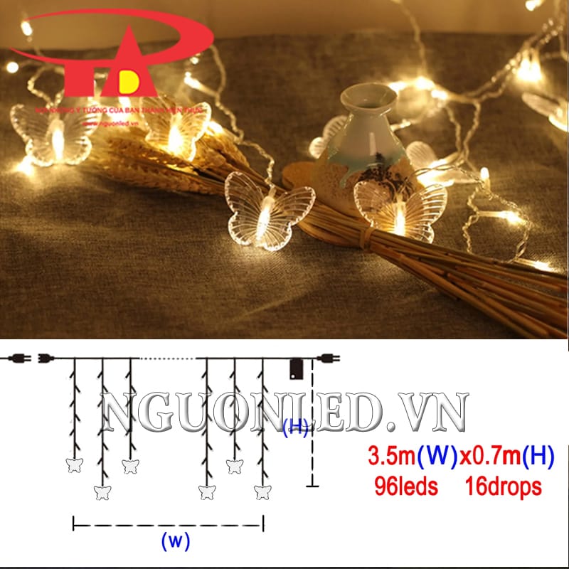 Ảnh thông số kích thước led rèm cánh bướm màu vàng