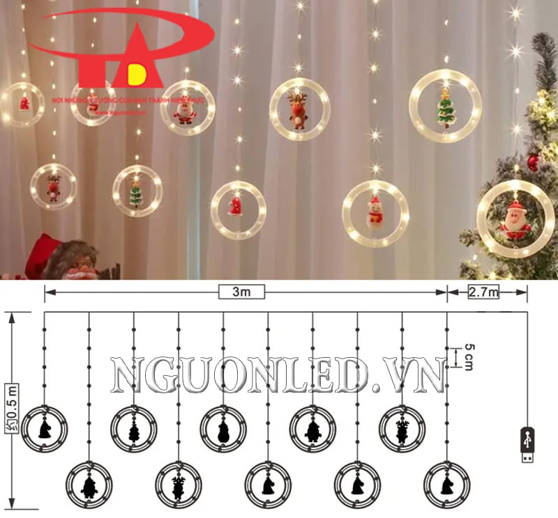 Thông số led mành nháy noel vòng tròn màu vàng