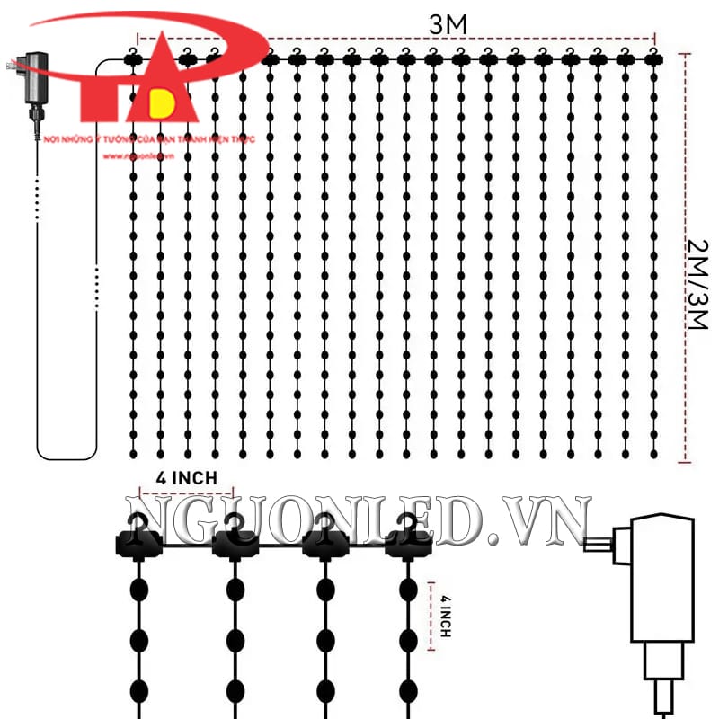 Kích thước led rèm thác nước màu đỏ