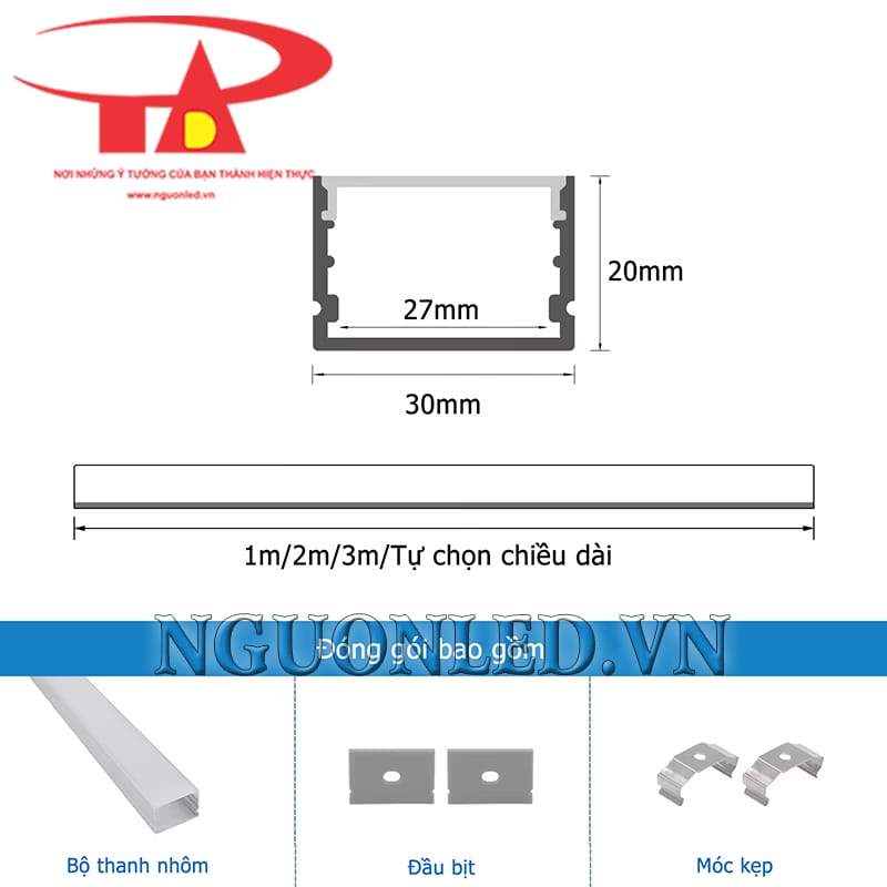 Máng nhôm profile U 30x20 ốp nổi loại tốt