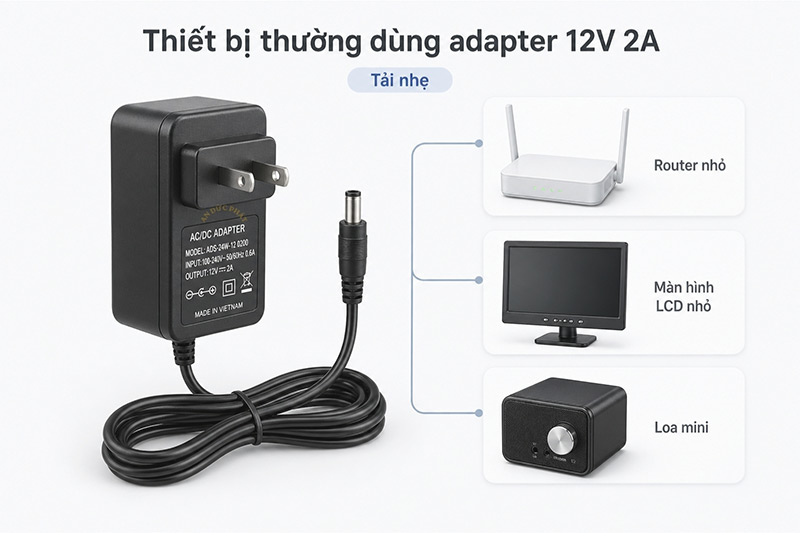 Thiết bị tải nhẹ thường đi với adapter 12V 2A như router nhỏ màn hình LCD và loa mini