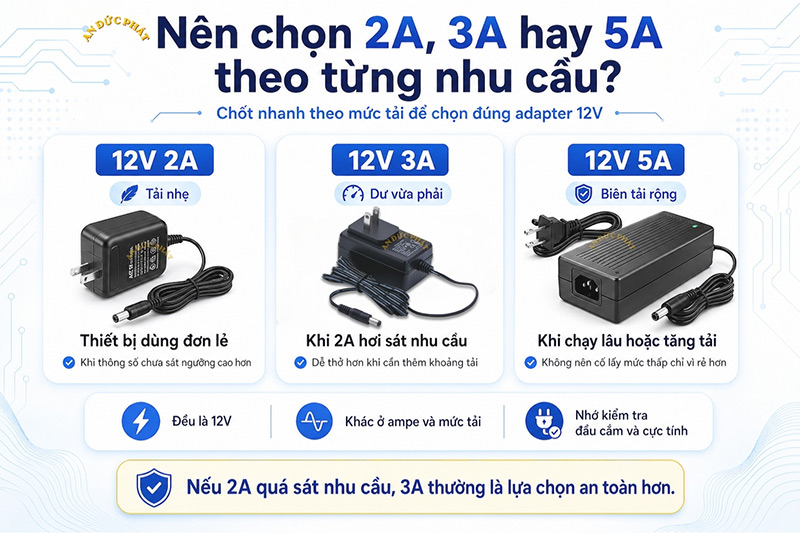 Adapter 12V cho thấy cùng điện áp 12V nhưng khác mức 2A 3A và 5A