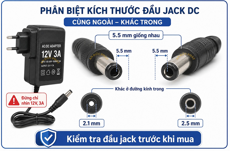 Adapter 12V 3A  jack DC 2.1 mm và 2.5 mm