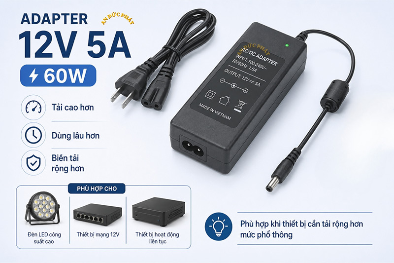 Thiết bị cần biên tải rộng hơn khi dùng adapter 12V 5A như đèn led dây, màn hình lớn và đầu ghi camera