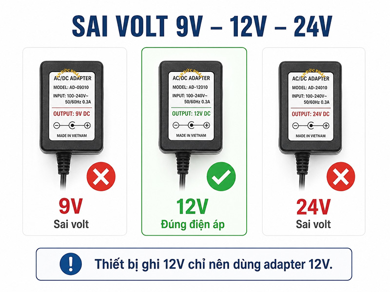 Nguồn 9V, 12V và 24V đặt cạnh nhau để minh họa lỗi sai điện áp khi thay adapter