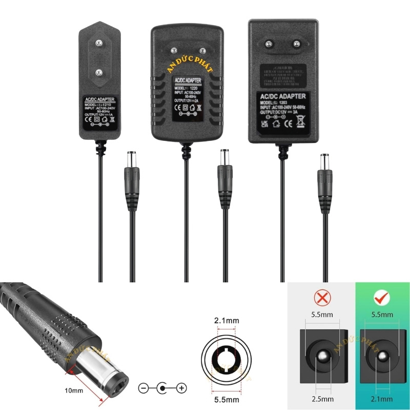 Hai đầu jack DC 5.5x2.1 và 5.5x2.5 đặt cạnh nhau để phân biệt kích thước