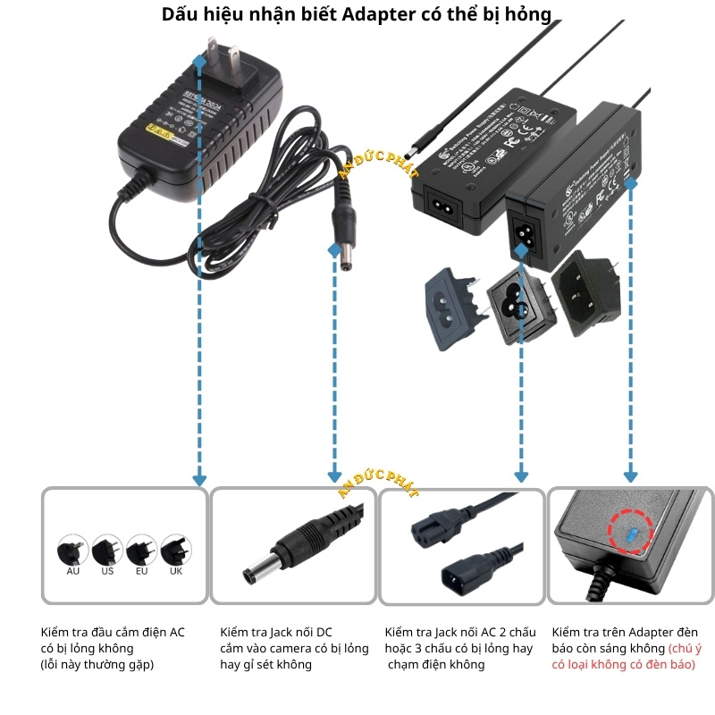 Dấu hiệu adapter camera có thể bị hỏng gồm jack lỏng, đầu cắm lỏng và lỗi đèn báo