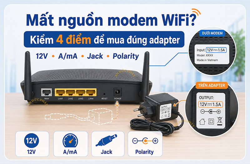 Mất nguồn modem WiFi vẫn có thể mua lại adapter đúng 