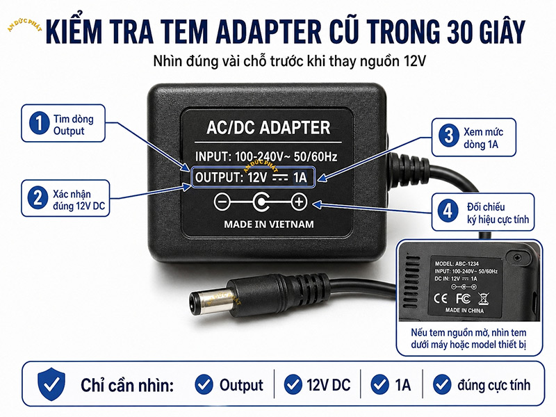 Ảnh tem adapter cũ với các vị trí cần nhìn nhanh như Output 12V DC