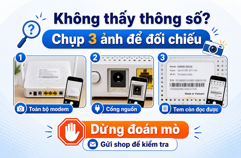 Ảnh toàn bộ modem, cổng nguồn và phần tem còn đọc được