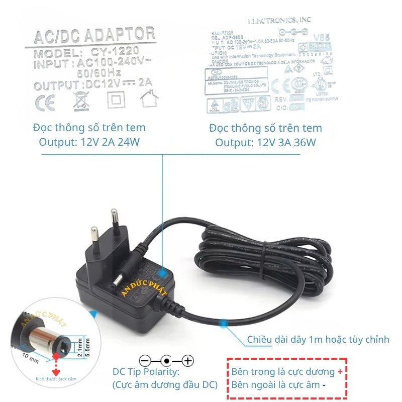 Ảnh đối chiếu thông số adapter 12V với Output 2A 24W, 3A 36W, đầu jack DC và cực âm dương