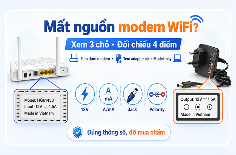 Đối chiếu model, tem máy và cổng nguồn trên modem WiFi để chọn lại adapter khi đã mất nguồn
