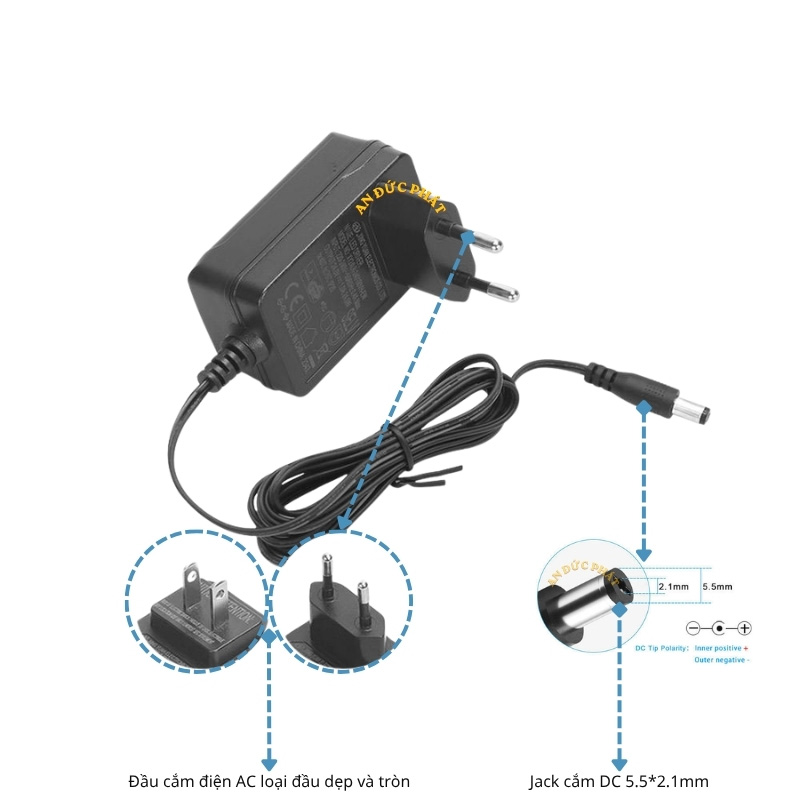 Hình ảnh đầu cắm AC, jack DC 5.5x2.1mm và cực âm dương của adapter 12V cho camera