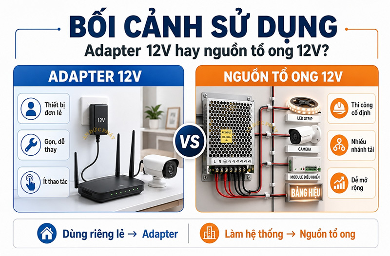 Bối cảnh sử dụng của nguồn tổ ong và adapter 12v
