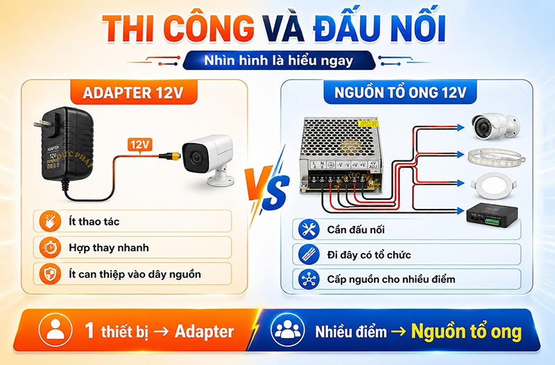 Thi công và đấu nối adapter và nguồn tổ ong 12V