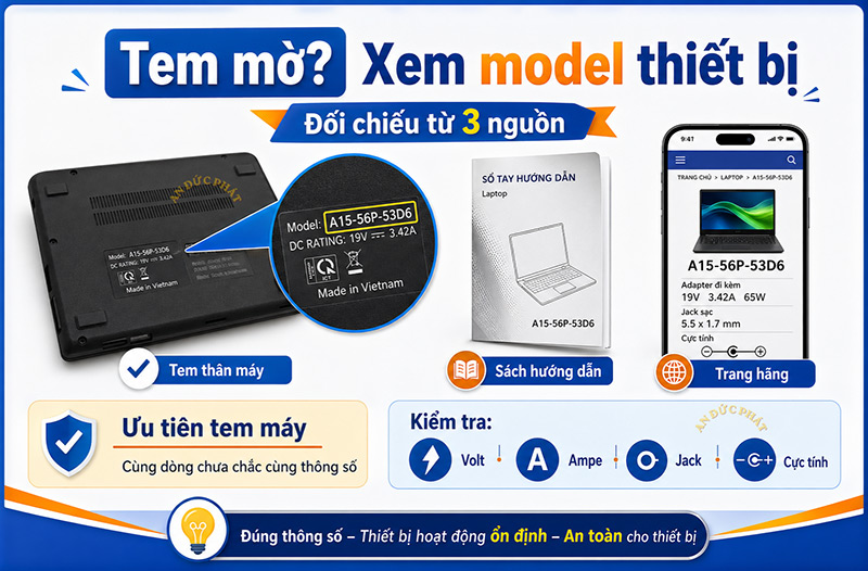 Xem model thiết bị để mua đúng adapter 12V