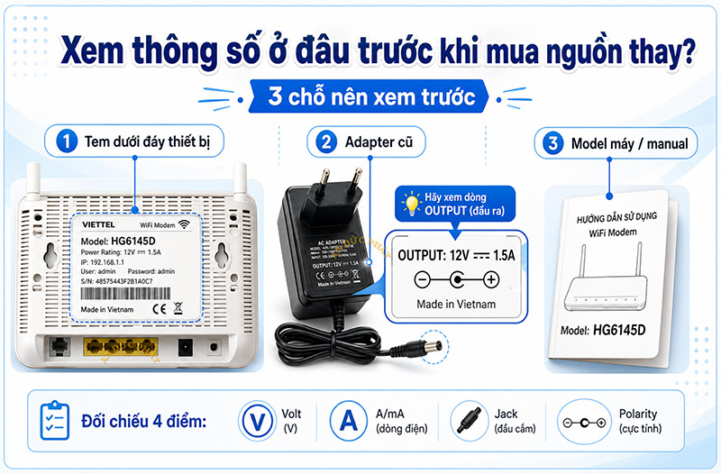 Tem dưới đáy modem WiFi và adapter cũ hiển thị thông số cần xem trước khi mua nguồn thay
