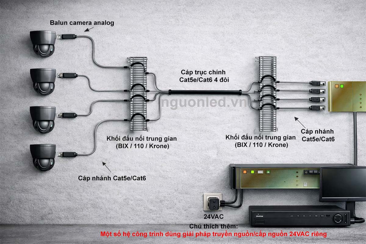 Sơ đồ hệ thống nhiều camera analog dùng balun và cáp Cat5e Cat6 để truyền tín hiệu về đầu ghi
