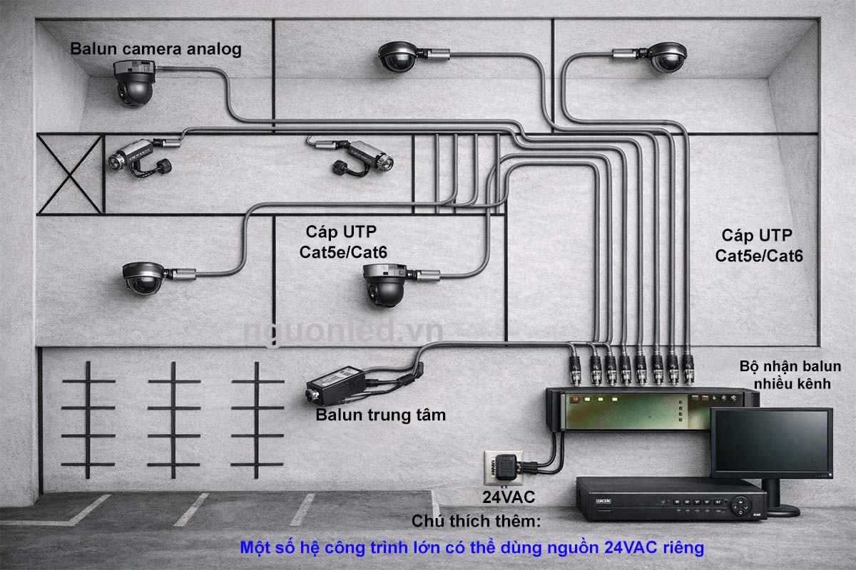 Sơ đồ hệ thống nhiều camera analog dùng balun và cáp UTP để truyền tín hiệu về đầu ghi