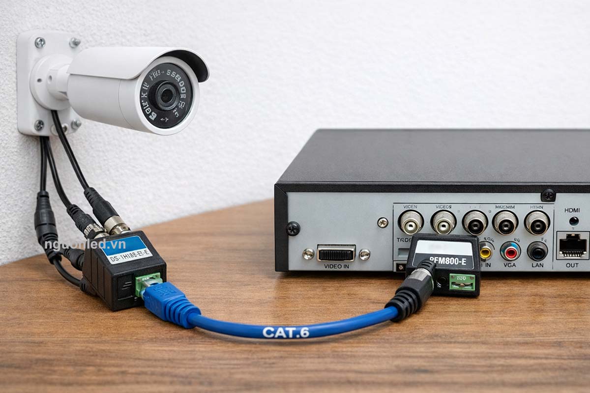 Sơ đồ kết nối camera analog với balun, cáp Cat6 và đầu ghi DVR