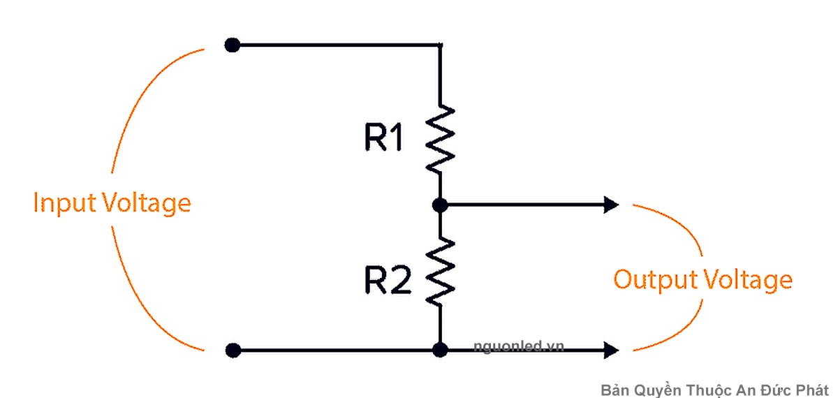 Sơ đồ mạch chia áp dùng hai điện trở R1 và R2 để tạo điện áp đầu ra từ điện áp đầu vào