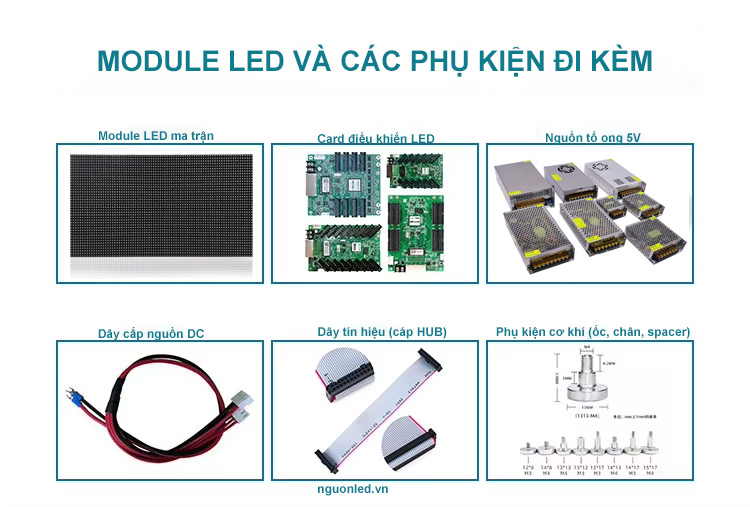 Module LED và các phụ kiện đi kèm trong biển LED ma trận gồm card điều khiển, nguồn 5V, dây nguồn và dây tín hiệu