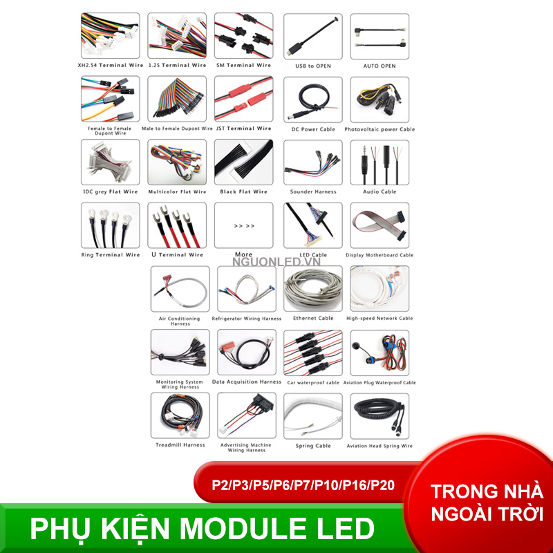 Phụ kiện module LED P10 gồm nguồn, card điều khiển và dây cáp