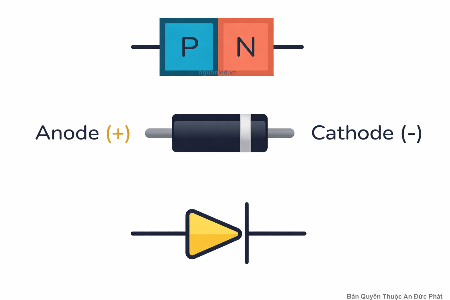 Cấu tạo diode gồm lớp P N, anode cathode và ký hiệu diode trong mạch điện tử