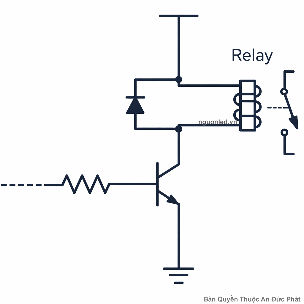 Sơ đồ mạch relay sử dụng transistor và diode chống ngược bảo vệ cuộn dây relay