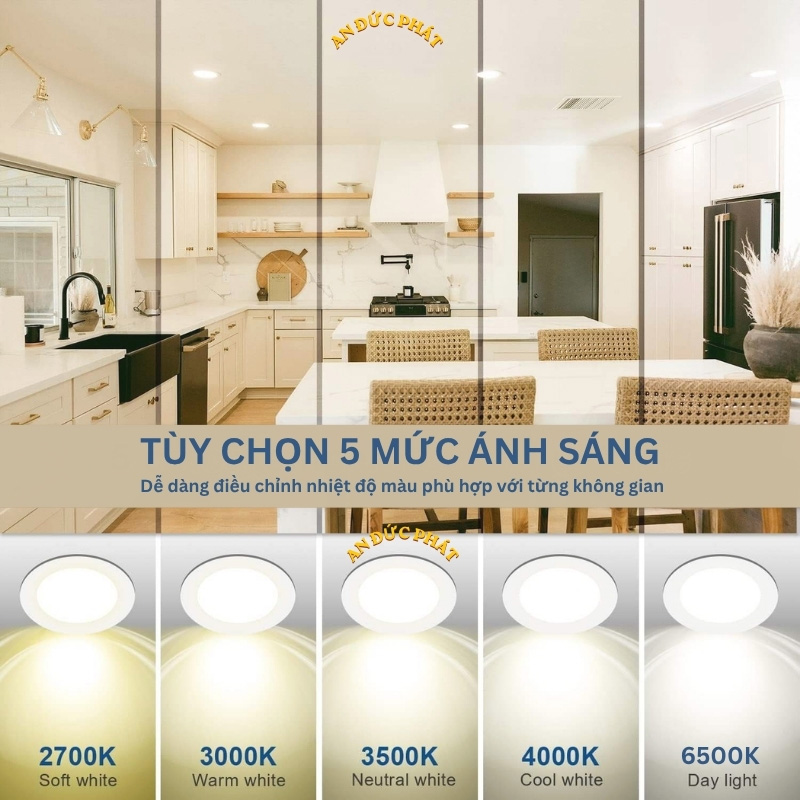 Đèn LED âm trần 5 nhiệt màu so sánh 2700K 3000K 3500K 4000K 6500K