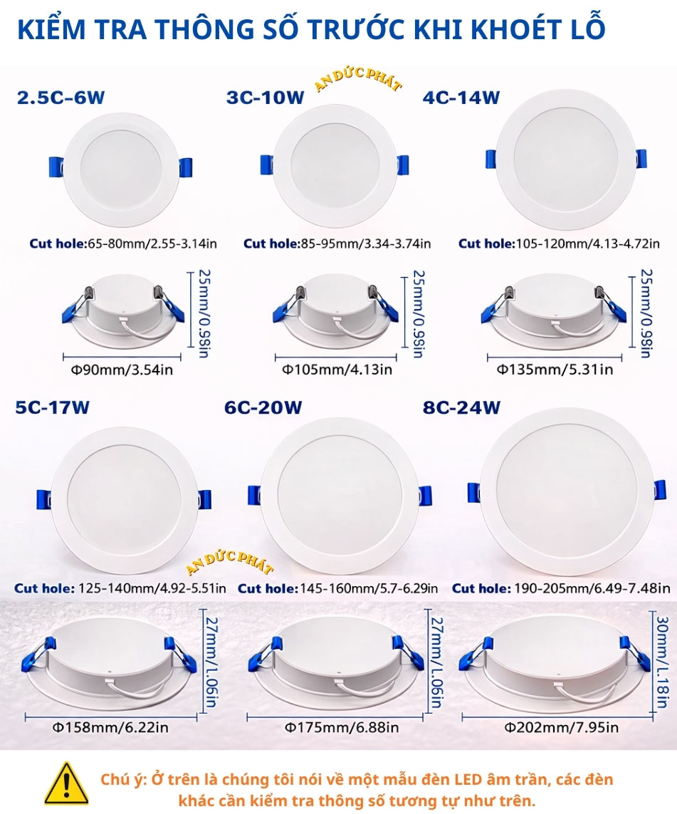 Kích thước lỗ khoét và công suất đèn