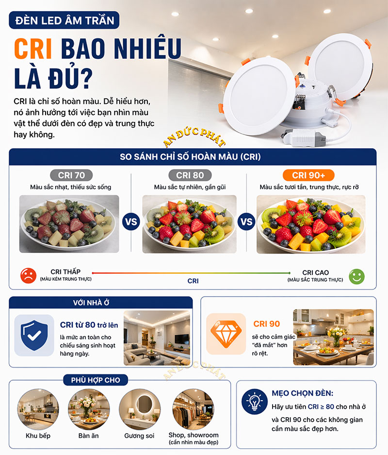 Chỉ số CRI của đèn LED âm trần với so sánh CRI 70 CRI 80 và CRI 90