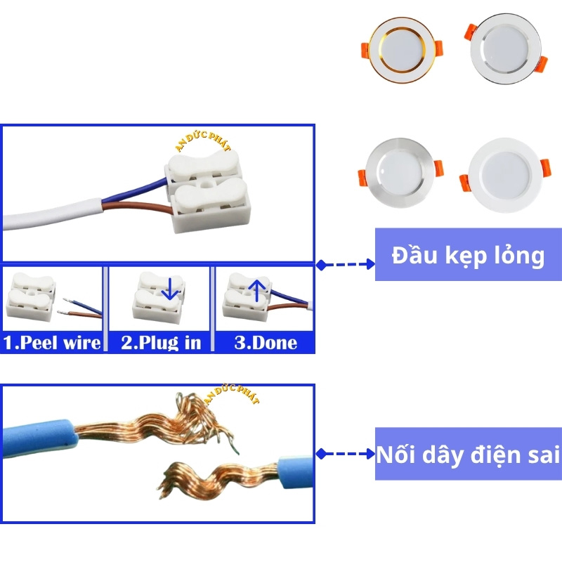 Đầu kẹp lỏng và nối dây điện sai của đèn LED âm trần